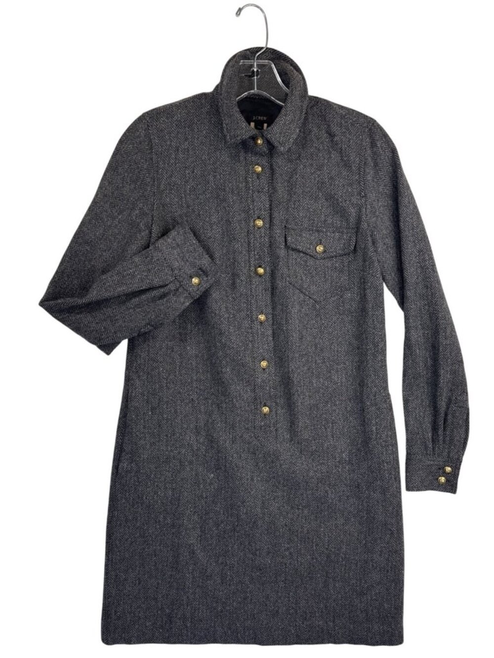 J.Crew Wool Herringbone Coat Dress Size 00 Gray Gold Button Classic Minimalist